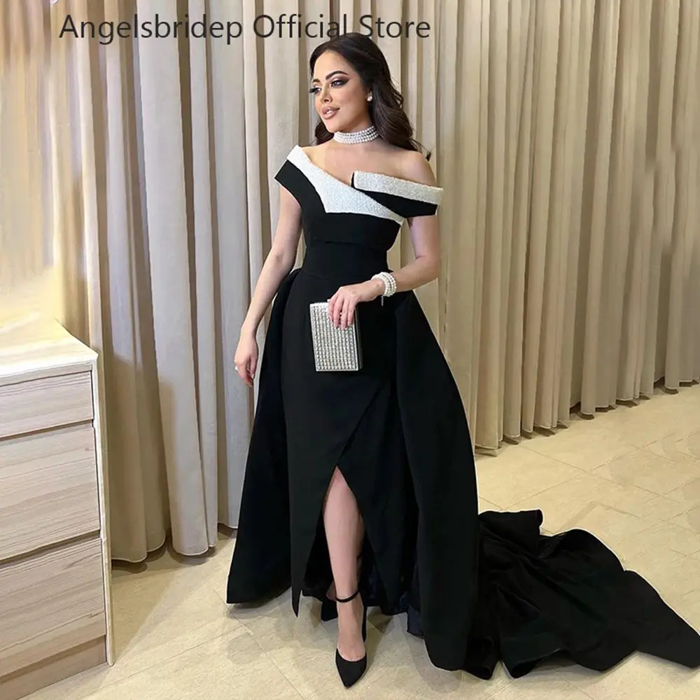 

A Line Black Satin Evening Dresses Off The Shoulder Beads Collar Saudi Arabia Prom Dress Long Split Dubai Prom Dress Sweep Train