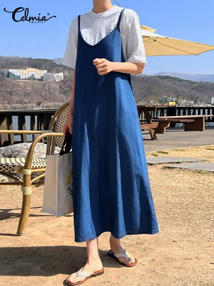 

Celmia Women Holiday Straps Sundress Casual Loose Suspenders Midi Dress 2022 Summer Leisure Pockets Solid Long Robe Oversize