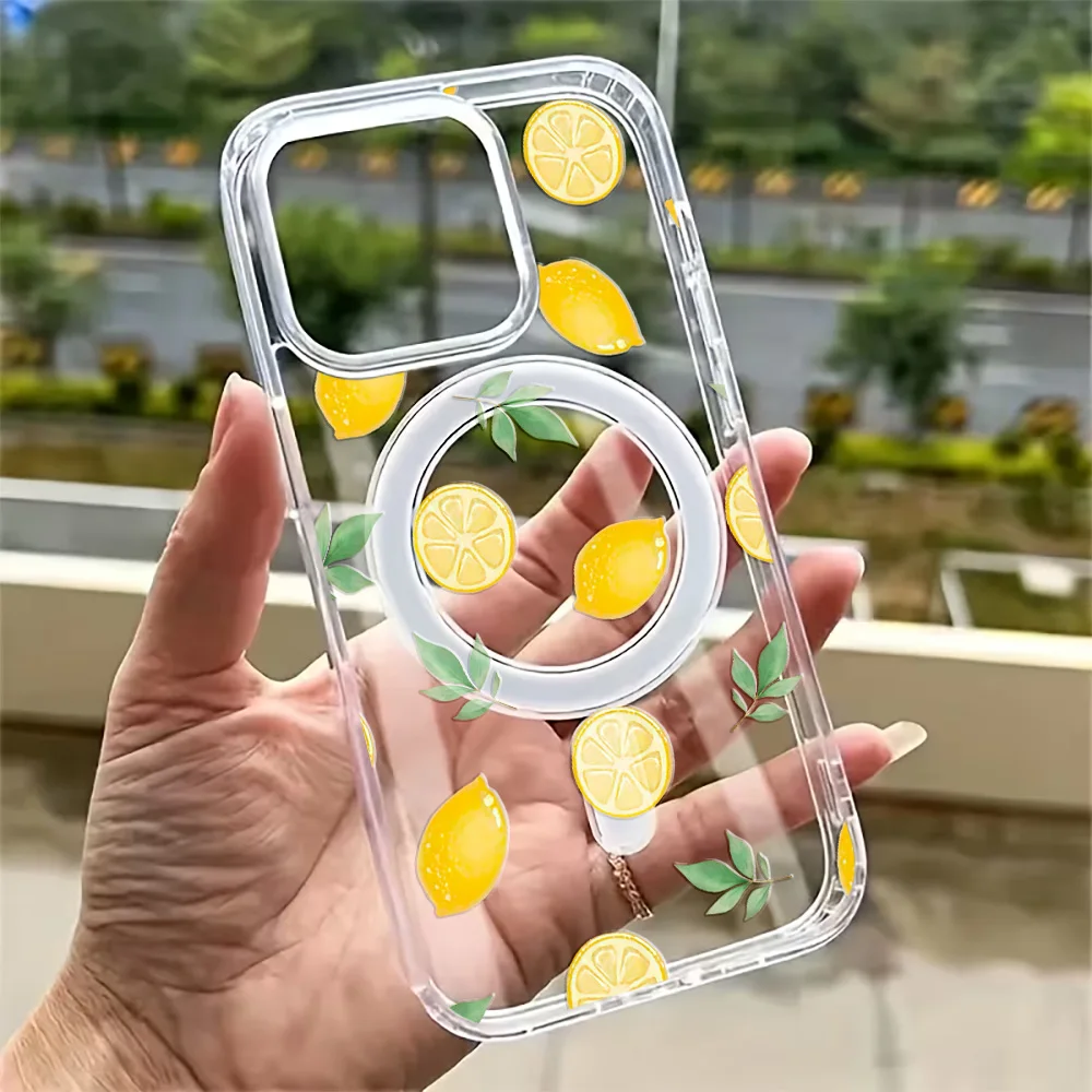Фото Летний чехол для телефона с лимонным принтом для iPhone 17, 16, 15, 14, 13, 12, 11 Pro Max Plus, 17Air, 16e, с поддержкой MagSafe, магнитной беспроводной зарядки, прозрачный №2