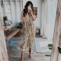 bohemian print women dress fashion satin long skirt 2022 office loose short sleeve polo collar floral lace up summer holiday
