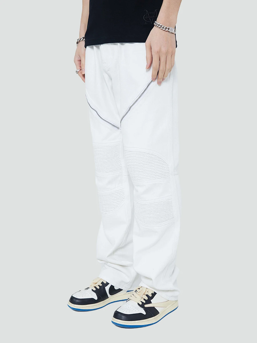 Four Seasons Men's Jeans Street Vibe Trend Zipper Pleated Design Trousers Loose Straight Jeans Men's Streetwear Men Ins Hot Sale