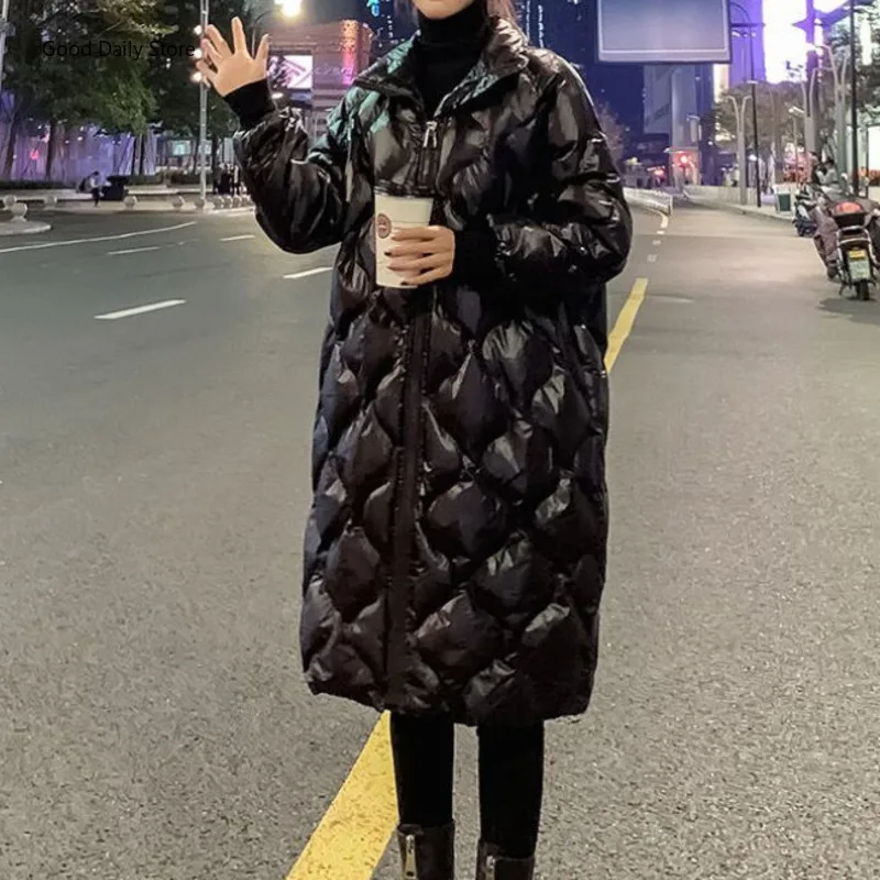 Women Cotton Padded Clothes Light Middle Long Standing Collar Bright Face Streetwear Fashion Bubble Coat 2022 Winter Jacket