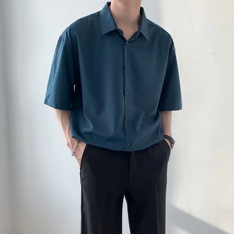 

Men's Top 2022 Short Sleeve Shirt Men's Summer Solid Color Casual Loose Half Sleeve Shirt Five Point Sleeve Top Cardigan