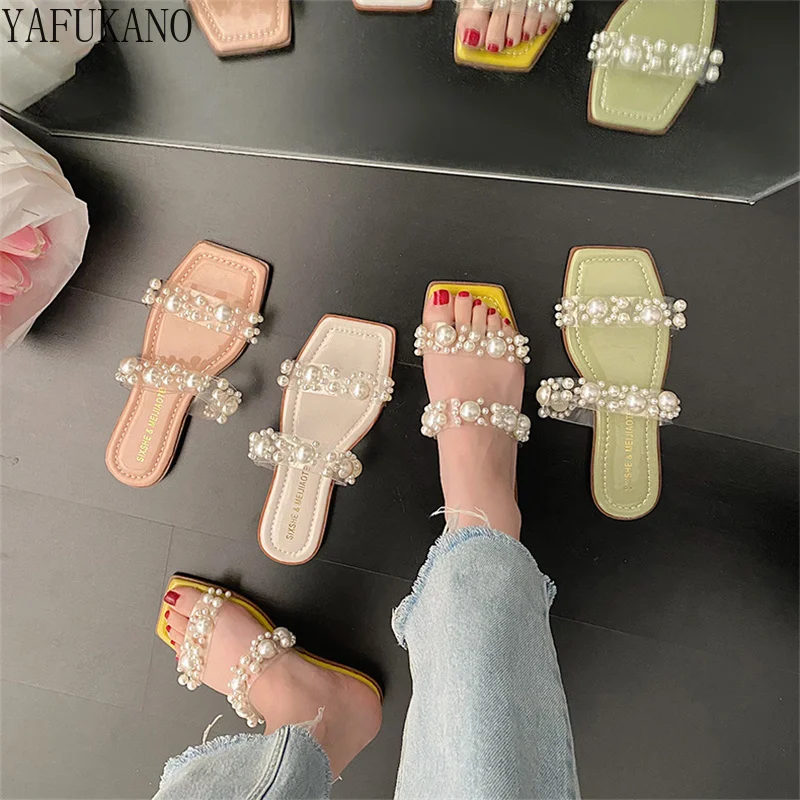 

Faux Pearl Decor Flat Sandals Soft Bottom Comfort Girl Dress Slippers Summer New Chic Design Square Toe Fairy Style Slides