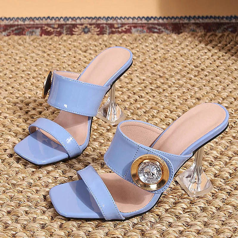 

Liyke 2023 New Transparent Heels 9CM Slippers Outdoor Fashion Metal Crystal Buckle Designer Sandal Women Slides Party Dress Shoe