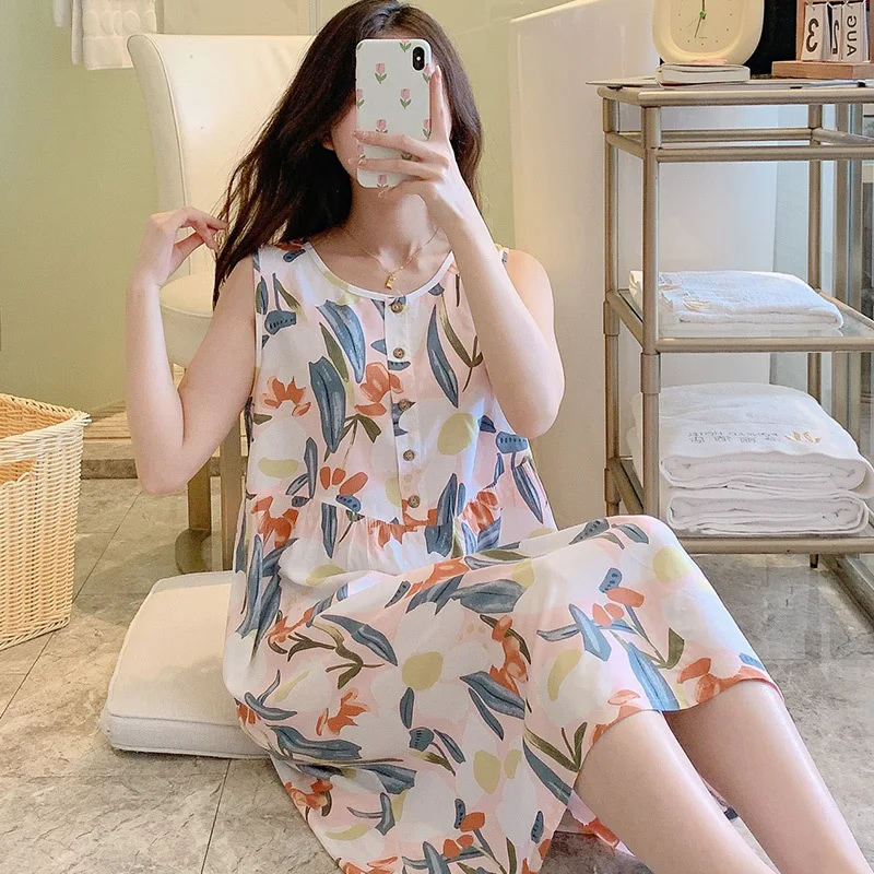 Night Wears For Women Sleeveless Round-neck One Piece Clothing Attractive Nightwear Summer Pajamas Big Size Women's Clothing
