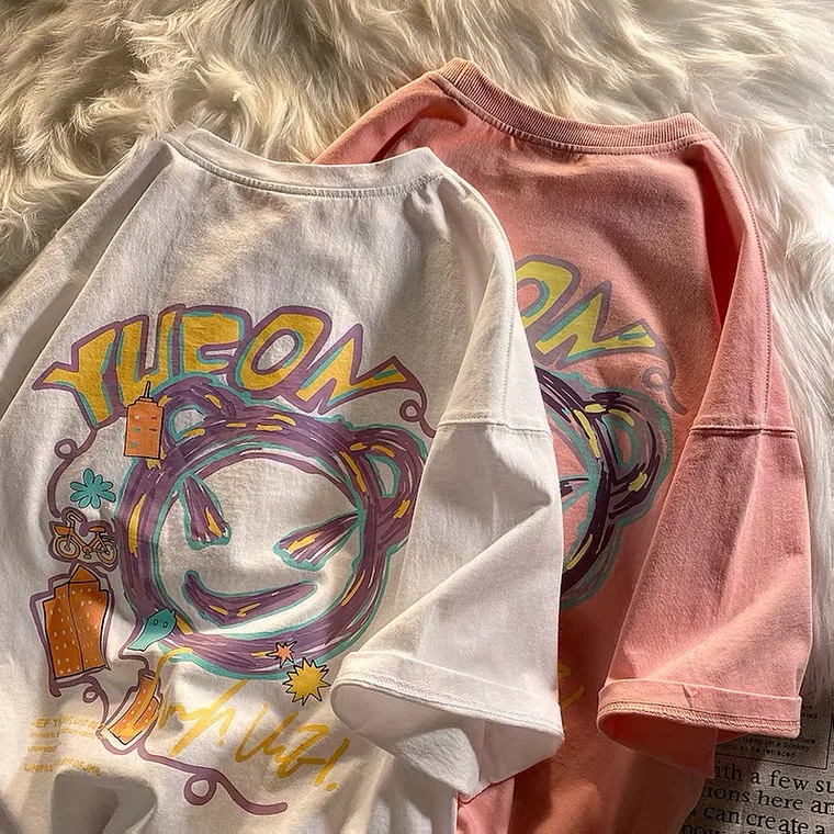 

Graffiti Monster Print T Shirt 2022 Summer 100% Cotton Tshirt For Women Aesthetic Vintage Oversized Tee Short Sleeve Top Teens