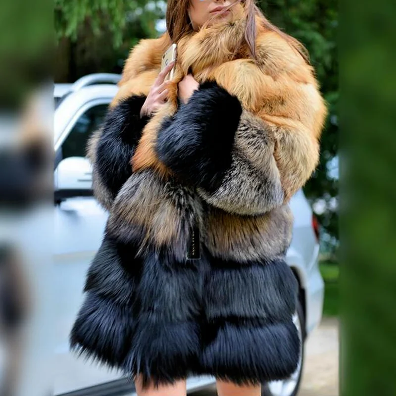 Luxurious Fashion Faux Fur Coat Autumn Winter 2021 Women Casual Warm Slim Long Faux Mink Fur Pocket Patchwork Fur Jacket Elegant