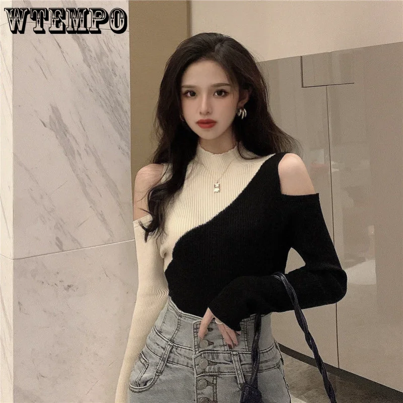 

Women's Sweater Half Turtleneck Long Sleeve Knitted Shirt Y2k Top Slim Contrast Off Shoulder Pullover Sexy Women's Fashion Tops