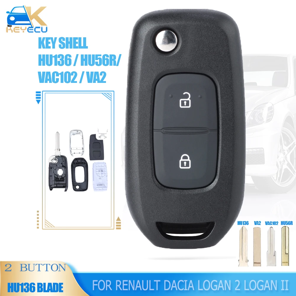 KEYECU Flip Remote Key Shell 2 Button Fob for Renault Dacia Logan 2 Logan II 2018 2019 2020 HU136 / HU56R/  VAC102 / VA2