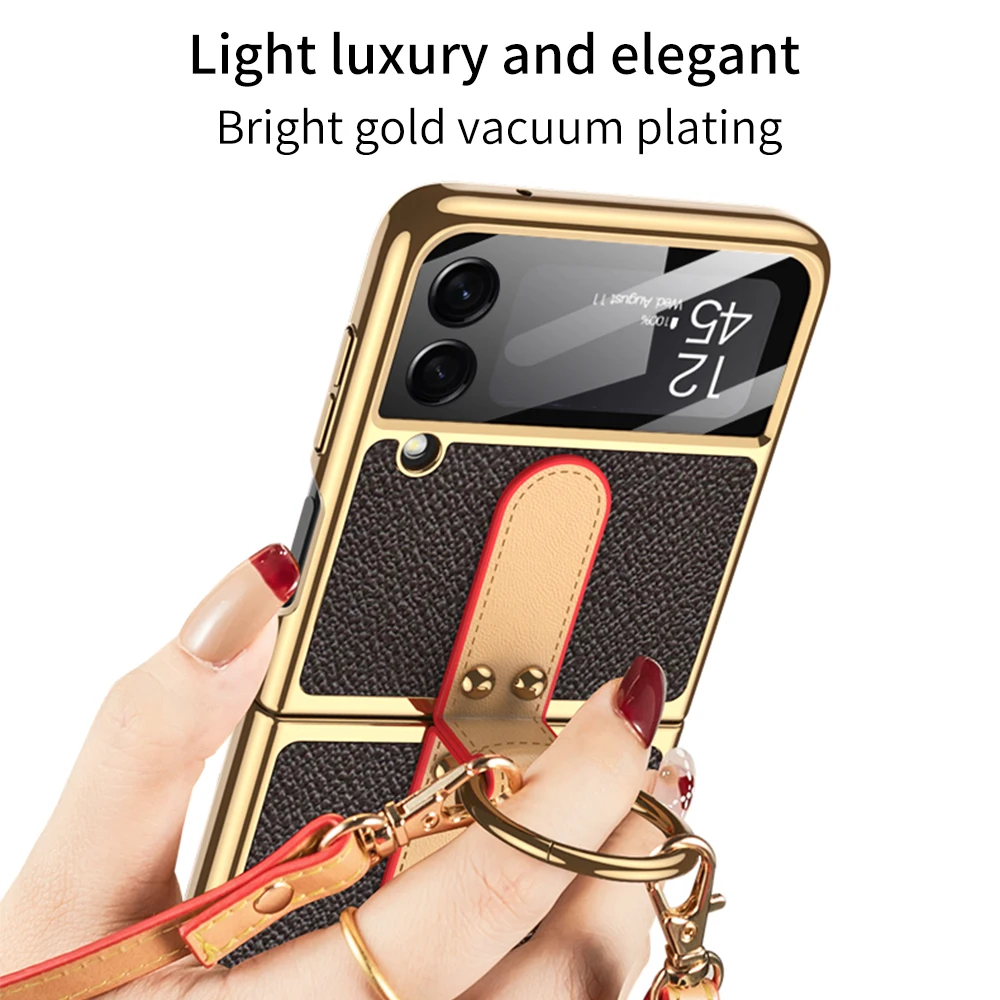 Sheepskin Leather Case for Samsung Galaxy Z Flip 3 Flip 4 Case Women Lanyard Case For Flip3 Flip4 Z flip4 6.7'' Lens Shockproof