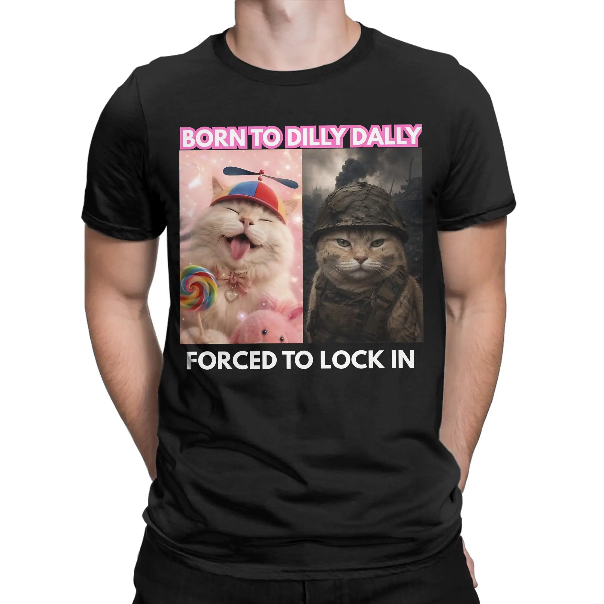 Фото Мужская и женская футболка Born To Dilly Dally Forced To Lock In из чистого хлопка, с коротким рукавом, с кошачьим мемом, одежда, размеры 4XL, 5XL №3