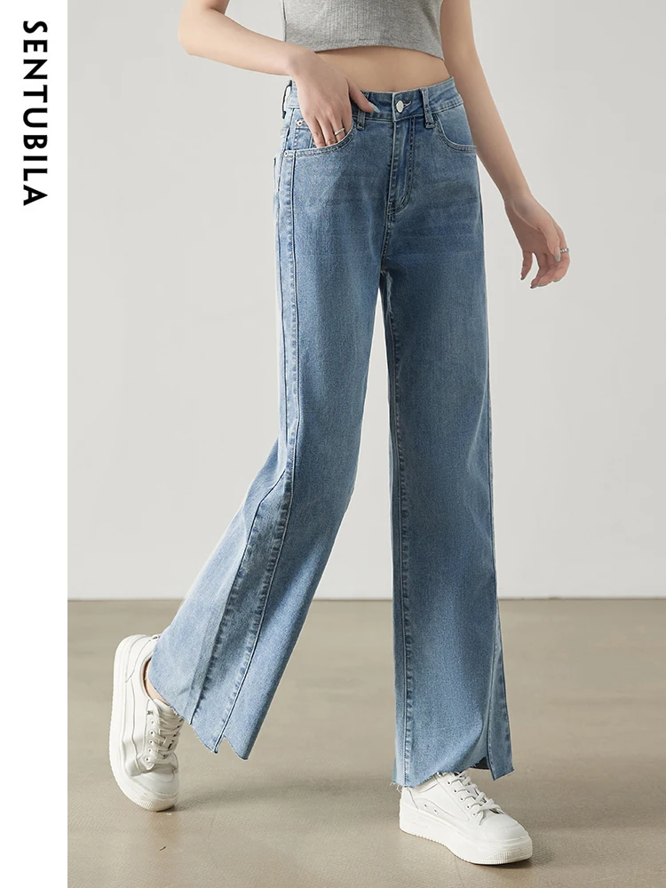 Sentubila High Waist Blue Jeans for Women 2023 Spring Summer Fashion Solid Straight Vintage Loose Pants Streetwear Trousers