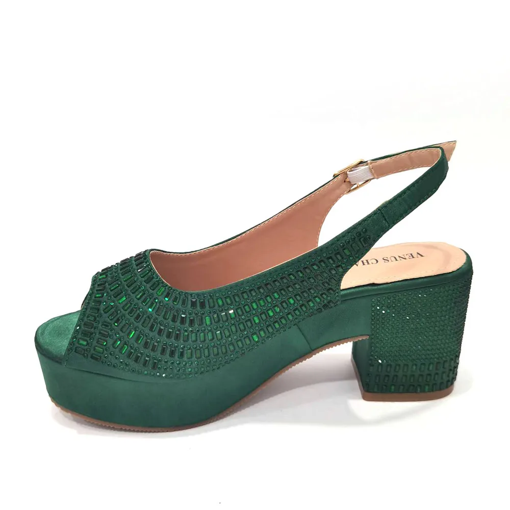 Venus Chan Latest Summer Women's Platform High Heels Green Color Full Drill Design Shoe and Bag Set for Party In Women Nigerian