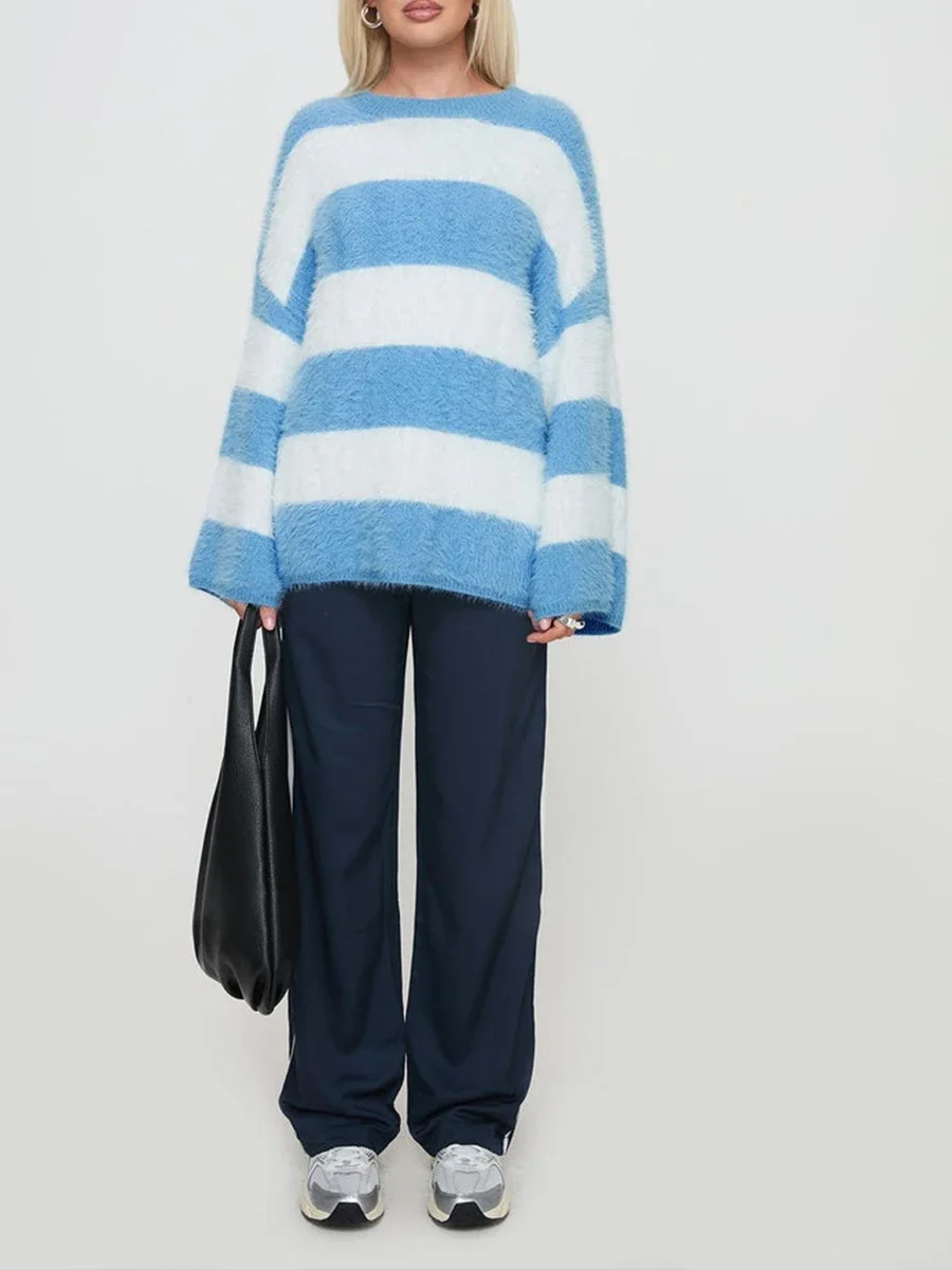 Новые модные женские свободные свитера из мохера с принтом в полоску круглым