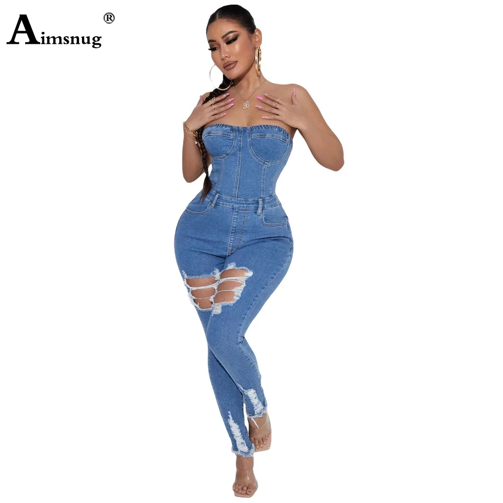 Women Baggy Denim Cross Border Special Jeans Bib Full Length Overalls Girl Fashion Hole Ripped Jumpsuit Hot Off Shoulder Rompers
