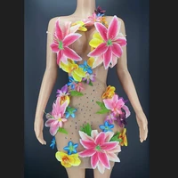 nude rhinestones floral backless sexy women dress fashion show model performance costumes party club rave festival clothing