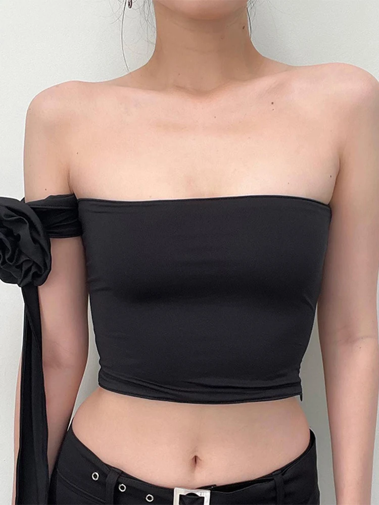 

SEASONS Women Fashion Flowers Cropped Vest Female Sexy Tube Top Casual All-match Black Tops 2023 New Spring Summer ASVE86431