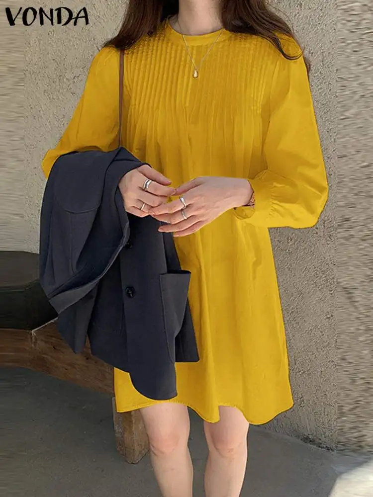 

Elegant Summer Shirt Sundress 2022 VONDA Women Casual Loose Long Sleeve Fashion Mini Dress Ladies Pleated Party Short Dresses