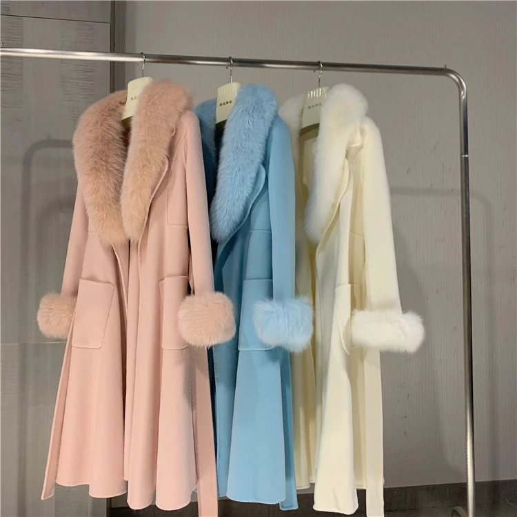 Winter Women Real Fur Coat Cashmere Wool Jacket Long Natural Fox Fur Collar Detachable Fashion Outerwear Luxury Overcoat enlarge