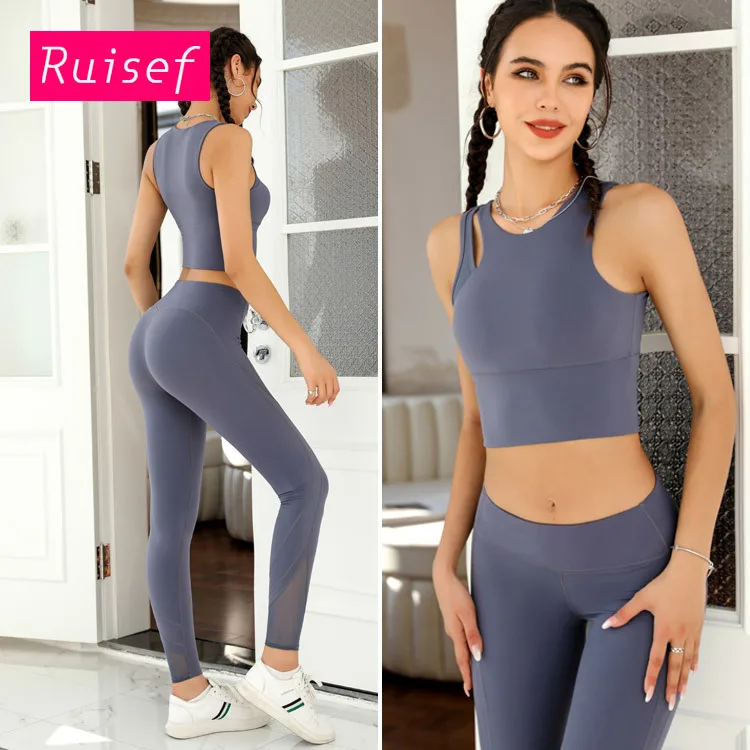 

Spring Summer New Mid-length Shockproof Bra Hip-lifting Peach Trousers Running Yoga Fitness Clothes Set