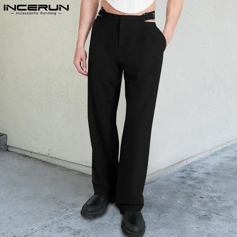 

Брюки мужские прямые однотонные с поясом и вырезами на талии