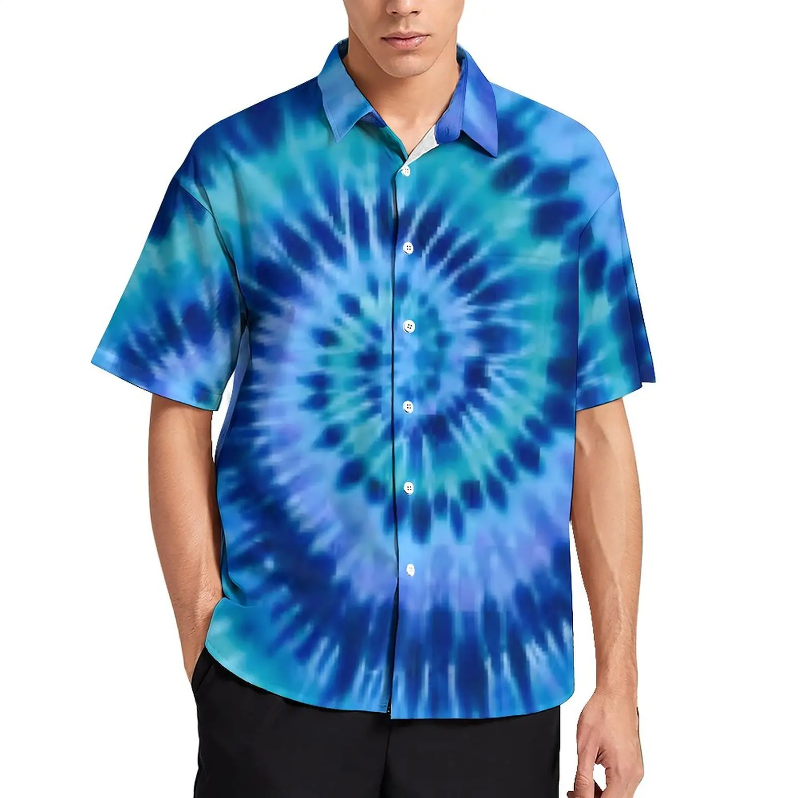 

Blue Tie Dye Casual Shirts Spiral Swirl Print Vacation Shirt Hawaii Y2K Blouses Male Graphic Big Size 3XL 4XL