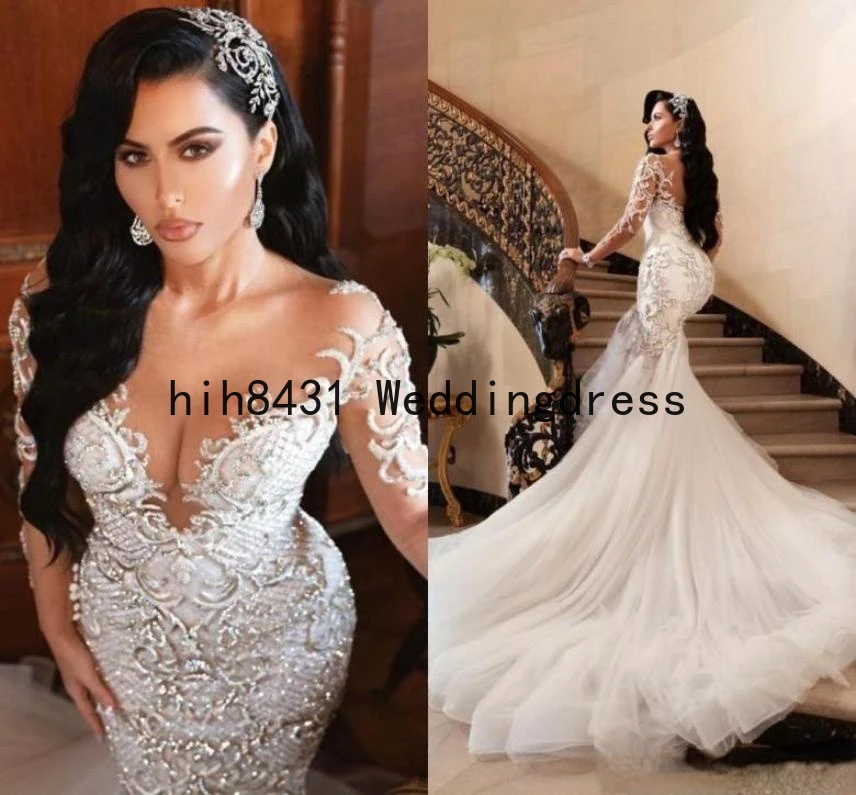 

Luxury Arabic Mermaid Wedding Dresses Dubai Sparkly Crystals Long Sleeves Bridal Gowns Court Train Tulle Skirt robes de mariée