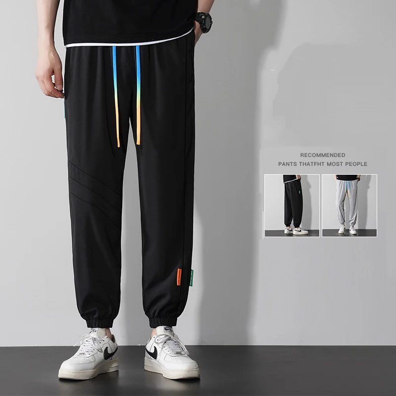 

2023 летние тянущиеся мягкие мужские брюки, тонкие мешковатые брюки, дизайнерские корейские повседневные свободные брюки с эластичным поясом, мужские аналогичные