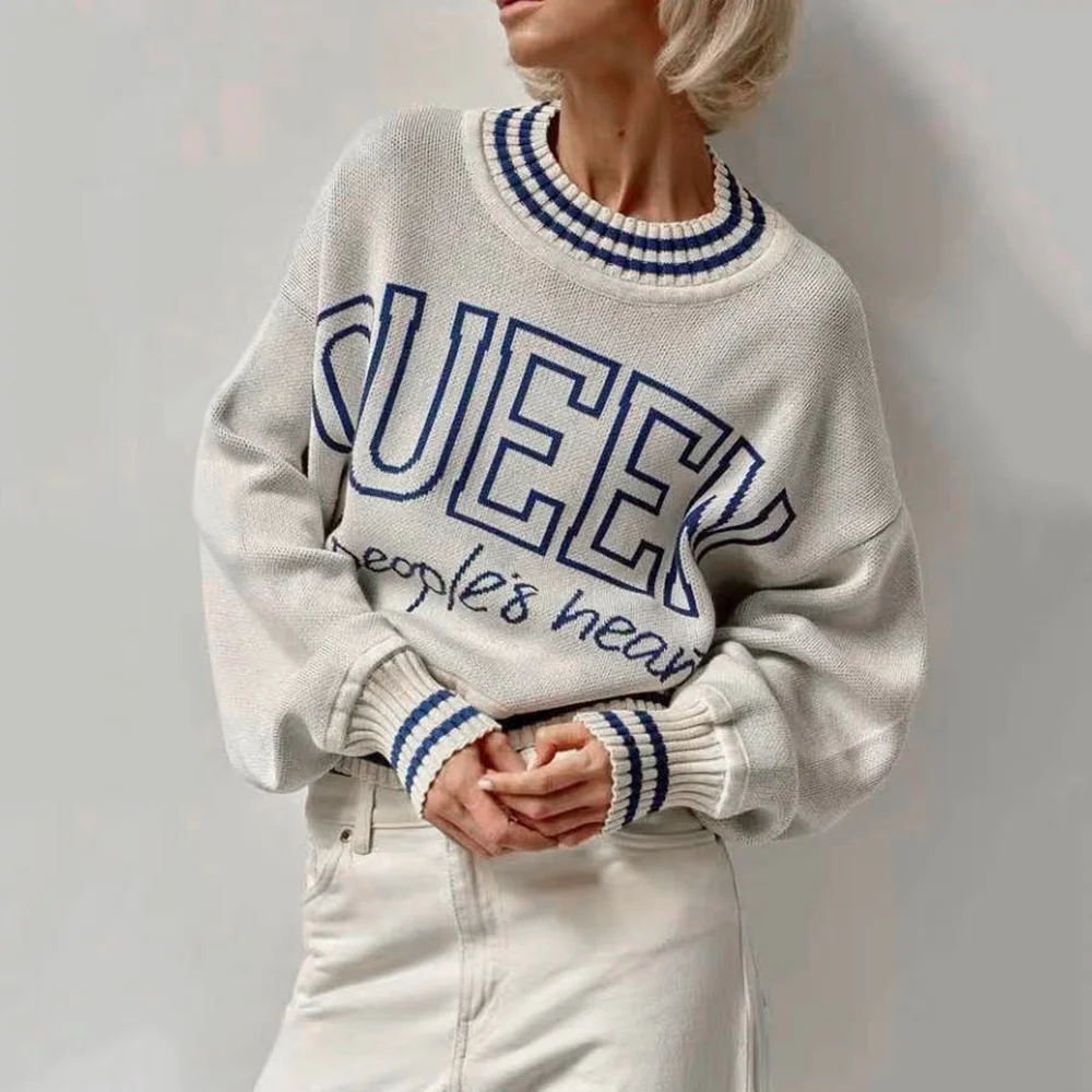 

Женский трикотажный пуловер с длинным рукавом и круглым вырезом