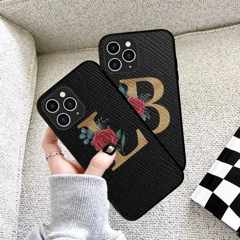 

Flower Custom English Initial Letters Phone Case Hard Leather Case for iPhone 11 12 13 Mini Pro Max 8 7 Plus SE 2020 X XR XS