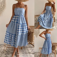 2022 summer over the knee sexy thin shoulder strap female plaid retro casual street simple suspender skirt beach big swing skirt