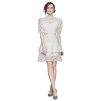 simgent white hollow out dress women summer puff sleeve a line lace elegant mini cake dresses vestidos robe femme sg26283