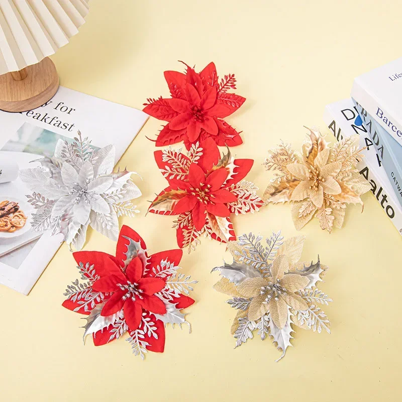 Блестящие искусственные рождественские цветы Золото Серебро Блестящий порошок