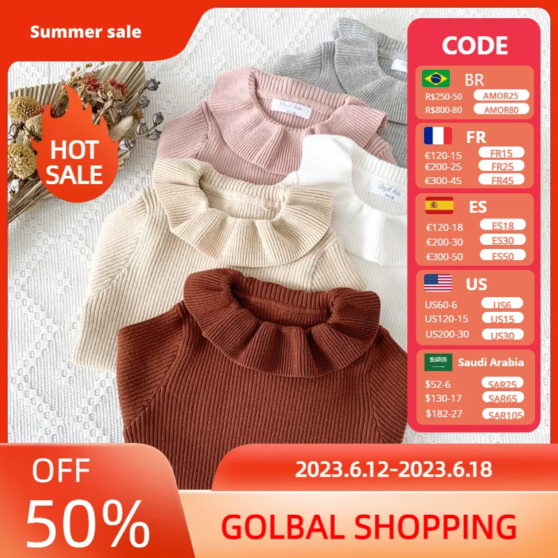 

Girls Autumn And Winter Base Sweater High Stretch Knit With Lotus Collar Solid Colour Long Sleeve Pullover Children's Clothing