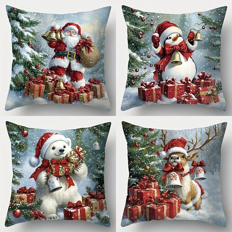 Christmas Throw Pillow Cover with Santa Claus Snowman and Polar Bear Zipper Machine Washable Home Decor