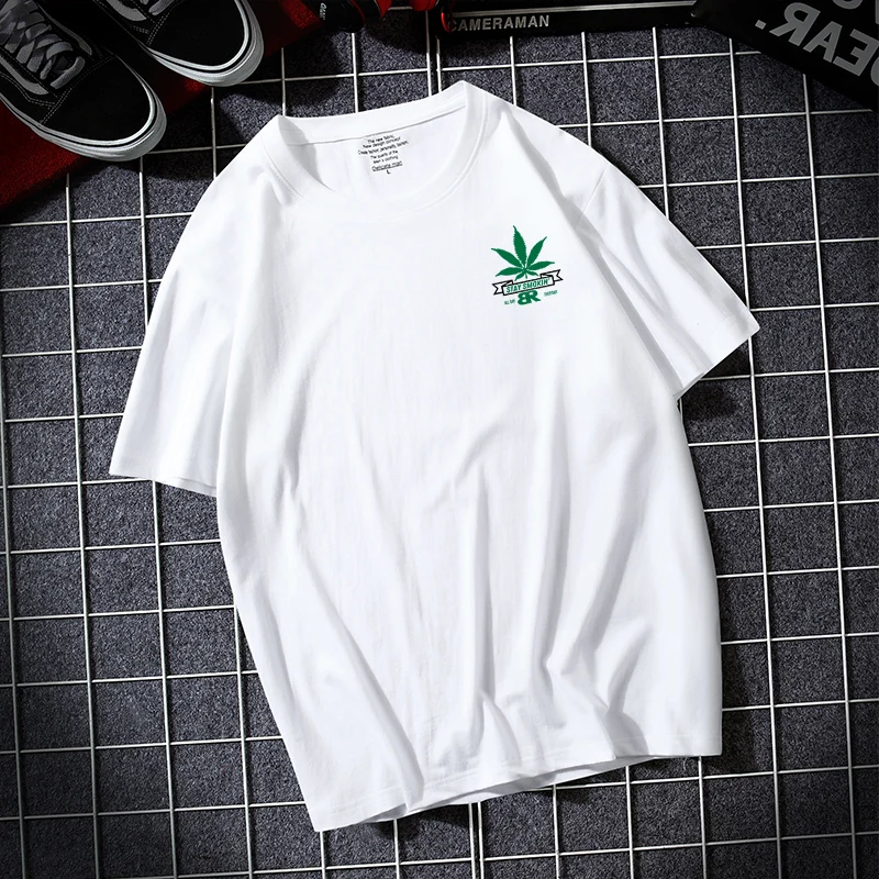 

Футболка мужская летняя с круглым вырезом, коротким рукавом и принтом листьев