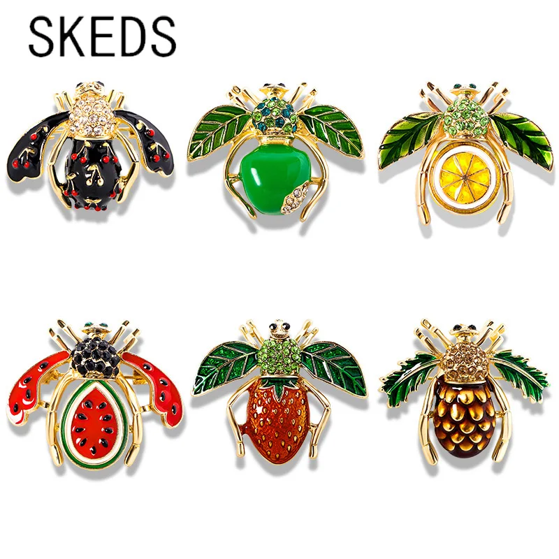

SKEDS Fashion Women Girls Enamel Fruit Bee Crystal Brooches Exquisite Metal Insect Badges For Lady Jewelry Party Banquet Pin