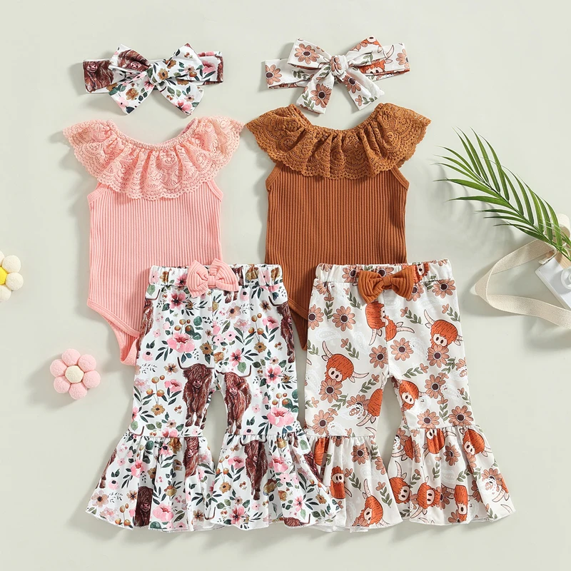 

Summer Toddler Newborn Baby Girls Clothes Sets 0-24M Lace Flower Ribbed Knitted Sleeveless Bodysuits+Cattle Floral Flare Pants