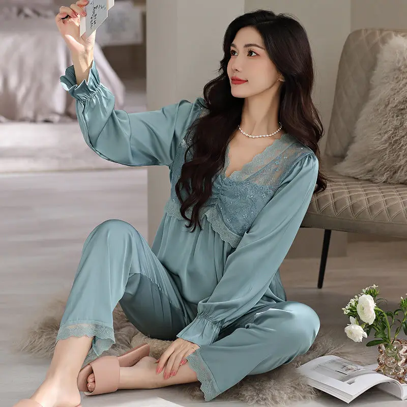 1 Pajamas Women's Spring and Autumn Ice Silk Thin Long Sleeve Large Size 2023 New Home Clothes