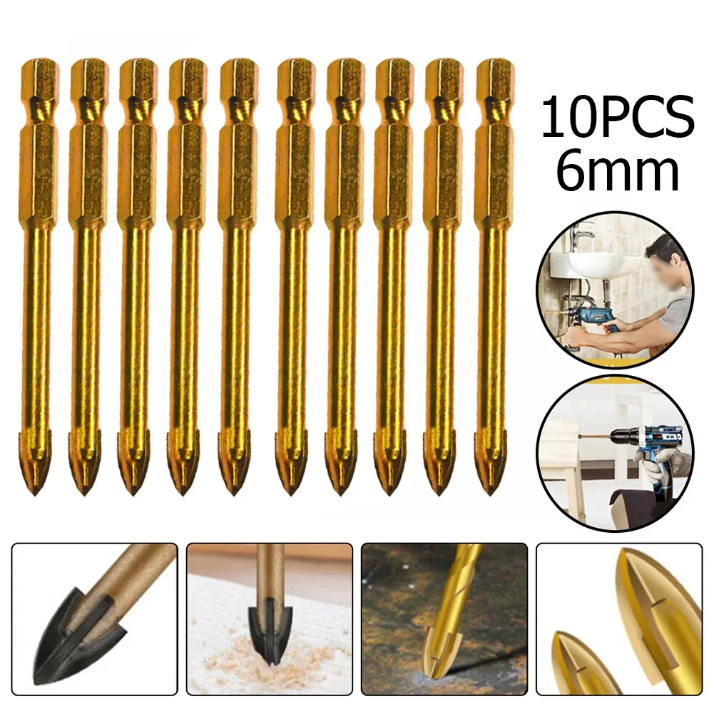 

10pcs 6mm Titanium Ceramic Tile Marble Glass Drill Bits Spear Head Hex Shank Drills Glass Ceramic Wood Metal Plastic Tile