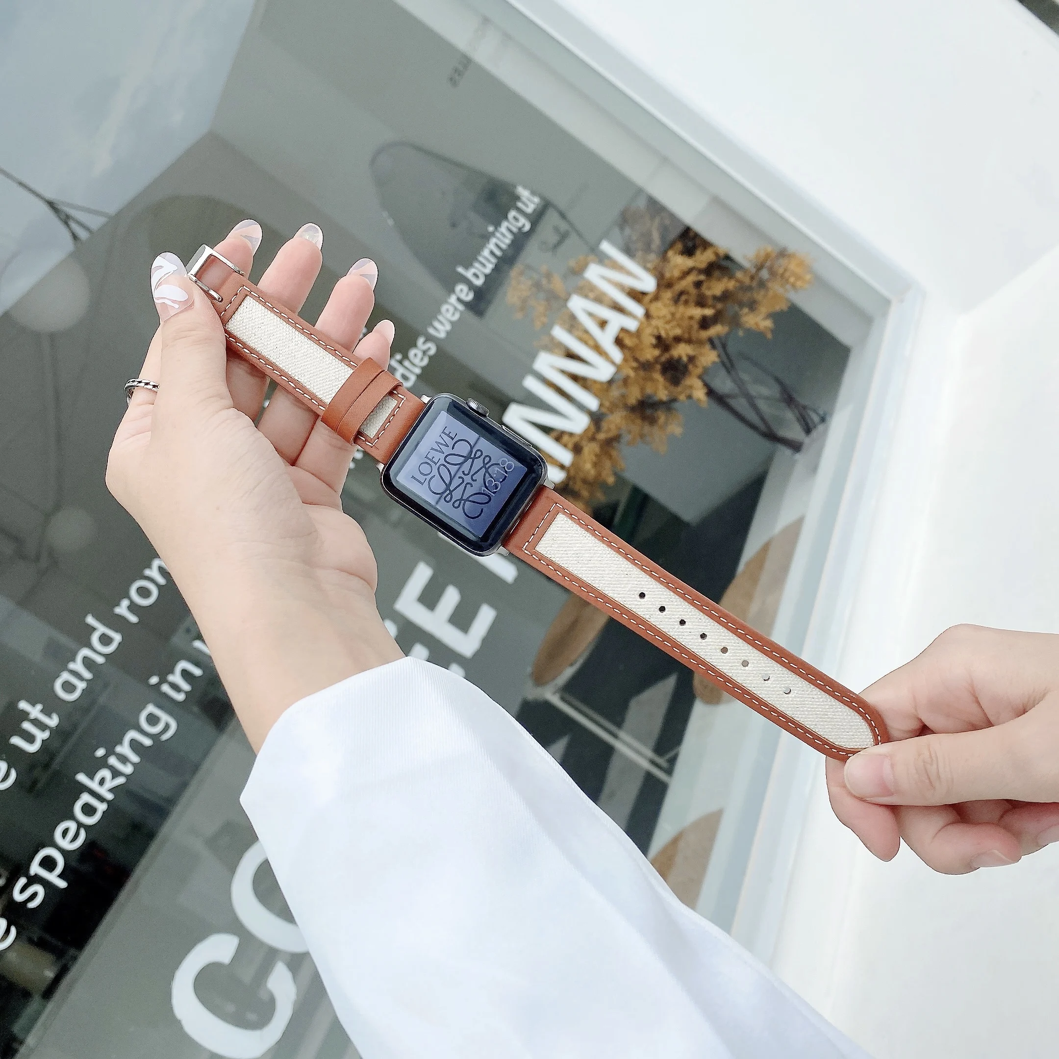 Leather + Nylon strap For Apple watch 7 45mm 41mm Breathable bracelet wristband for iWatch 6 5 SE 4 44mm 30mm series 3 42mm 38mm