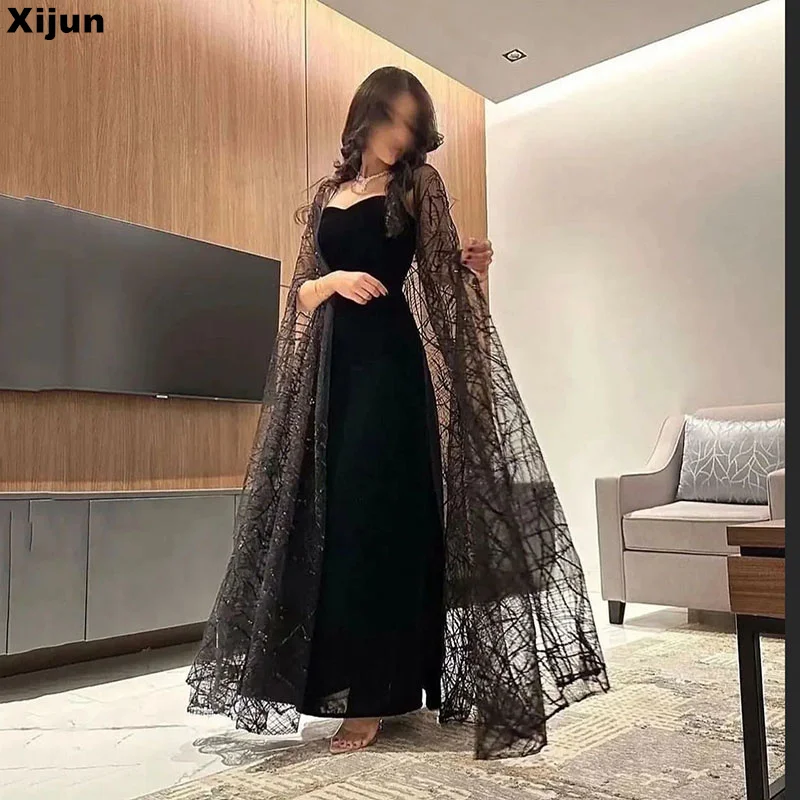 

Xijun Black A-Line Prom Dresses Classic Strapless Silk Evening Dress With Shawl Formal Occasion Arabic Gown Vestidos De Fiesta