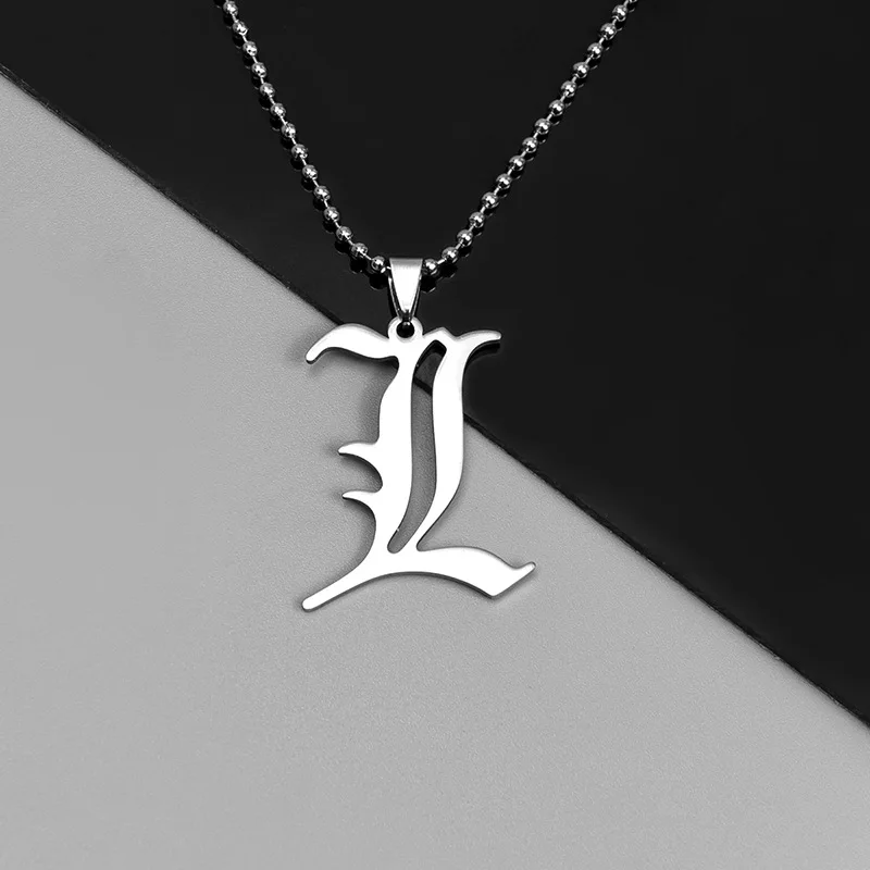 

Anime Death Note L Lawliet Necklace Stainless Steel Old English Letter Pendant Beads Chain Necklaces Cosplay Jewelry Gift