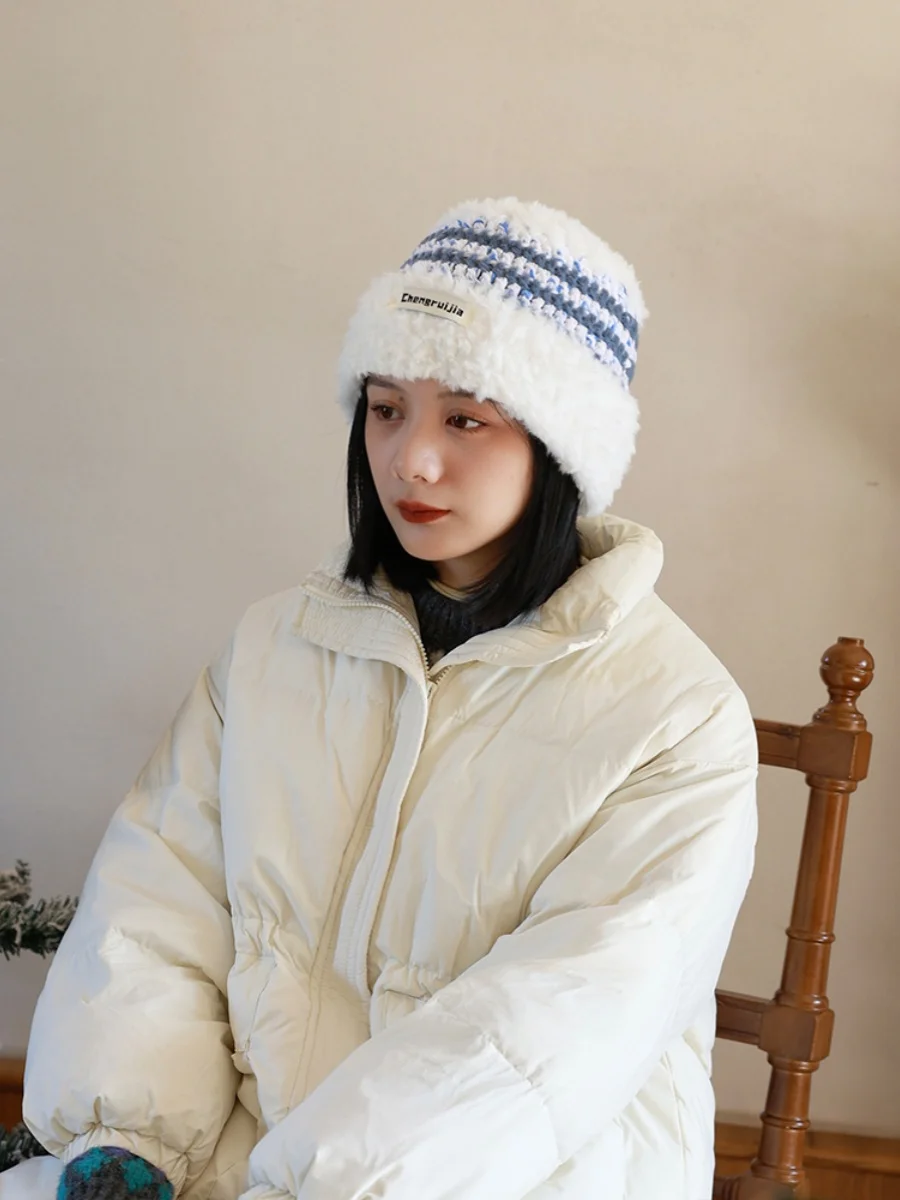 [Сине-белая набивка] пушистая Зимняя шерстяная шапка женская теплая шляпа рыбака