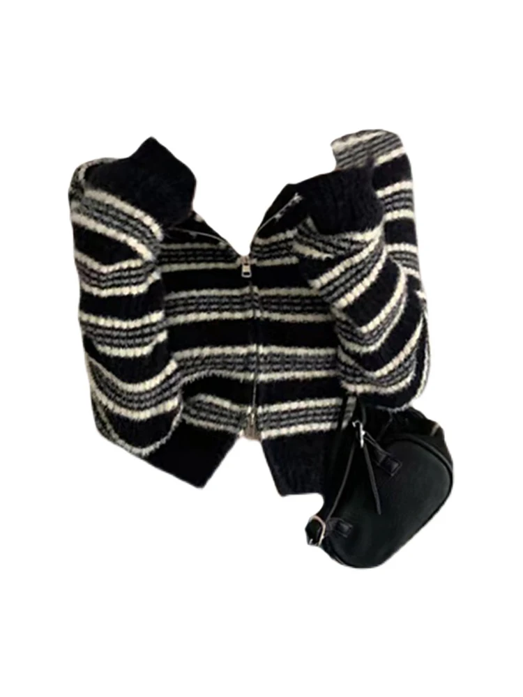 

Korean Autumn Women Striped Cardigans Classical Single Breasted Hooded V-Neck Cozy Sweater 2023 Knitted New Fashion Outerwear