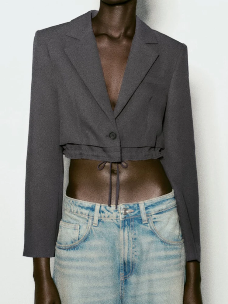 

Patchwork Women's Short blazer with shoulder pads lapel Long sleeve Single Button Cropped Coat Female Casual Fashion Lady Jacket