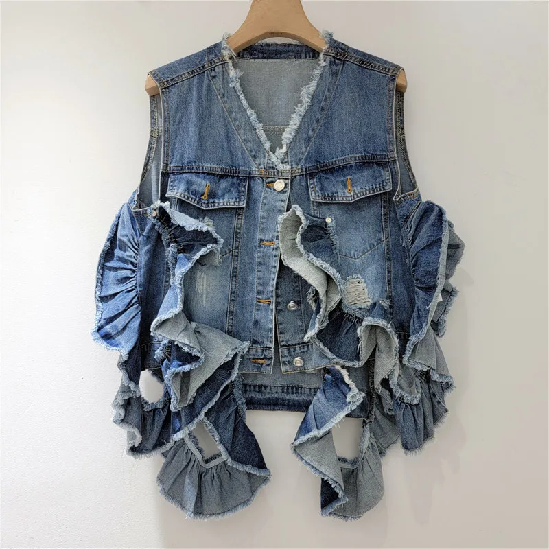 

Vintage Blue Frayed V Neck Cowboy Waistcoat Ruffles Splicing Denim Vest Women Korean Loose Short Jeans Sleeveless Jacket Female