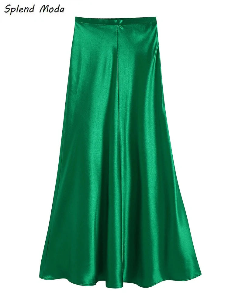

Splend Moda 2022 Spring Autumn Fashion Vintage Casual High Waist Silk Texture Slim Green Mid-Length Skirt For Women