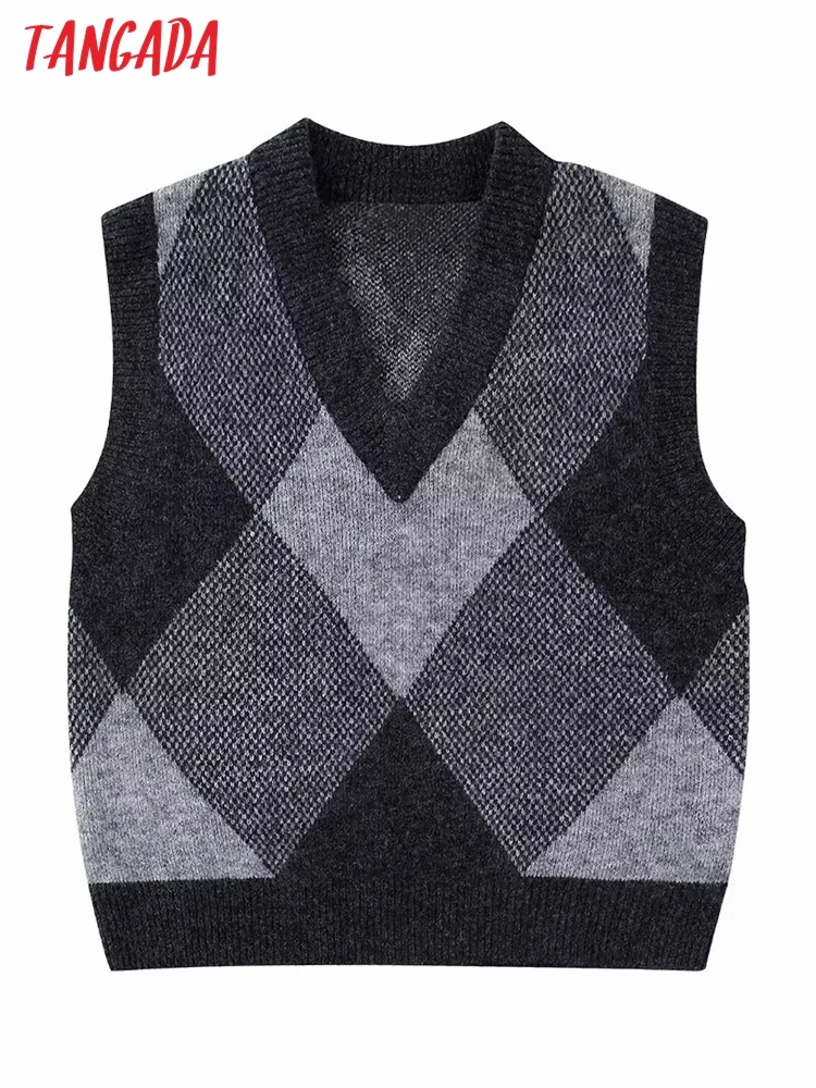 

Tangada женский модный клетчатый Свободный вязаный жилет свитер с V-образным вырезом без рукавов женский жилет BE156